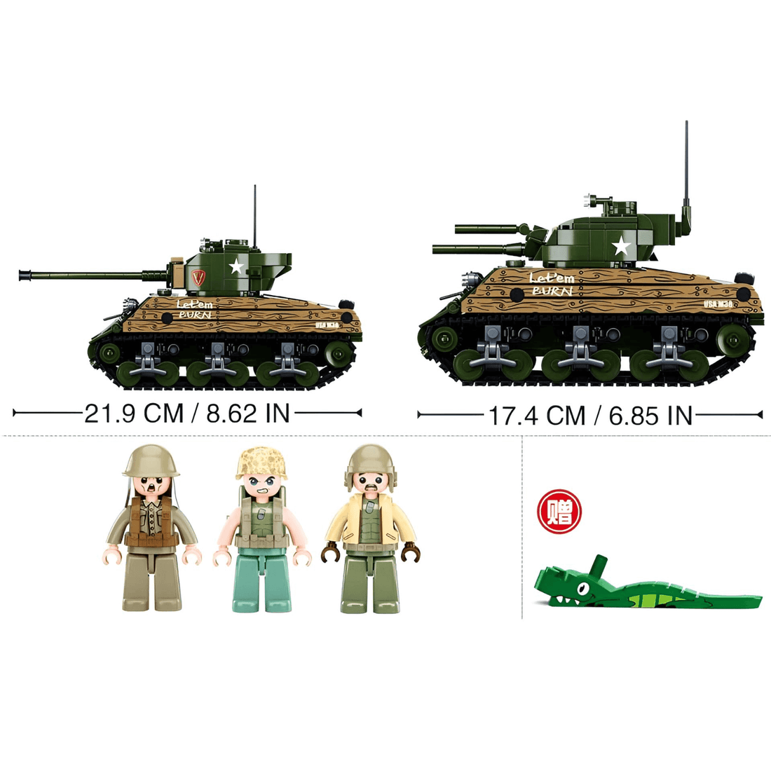 Sluban WWII Sherman M4A3 Tank Building Set with soldiers and accessories, detailed construction kit for World War II enthusiasts.