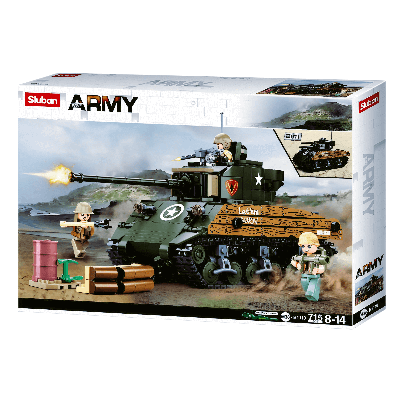 Sluban WWII Sherman M4A3 Tank Building Set box featuring detailed tank model and accessories for collectors and enthusiasts.