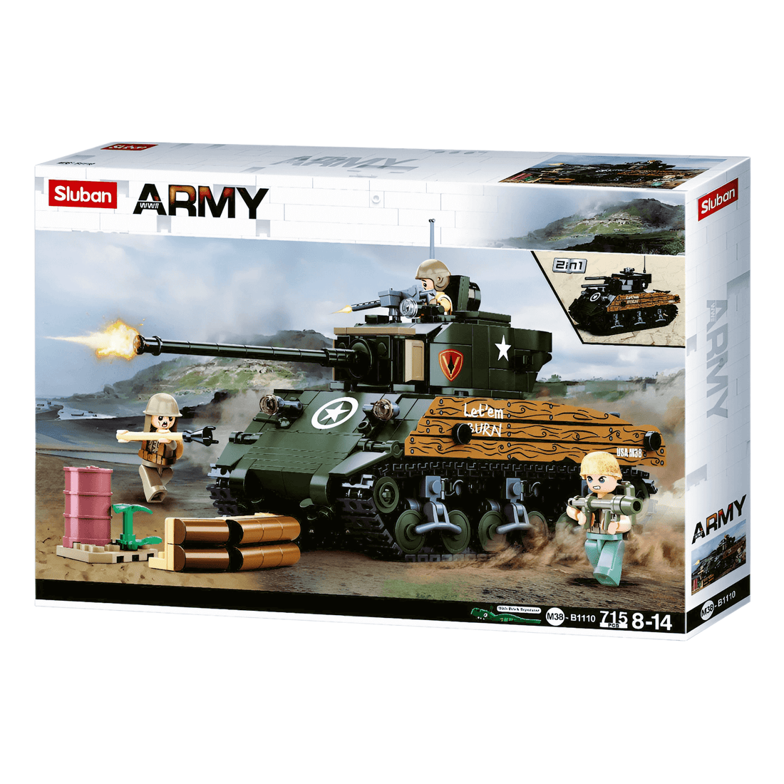 Sluban WWII Sherman M4A3 Tank Building Set box featuring detailed tank model and accessories for collectors and enthusiasts.