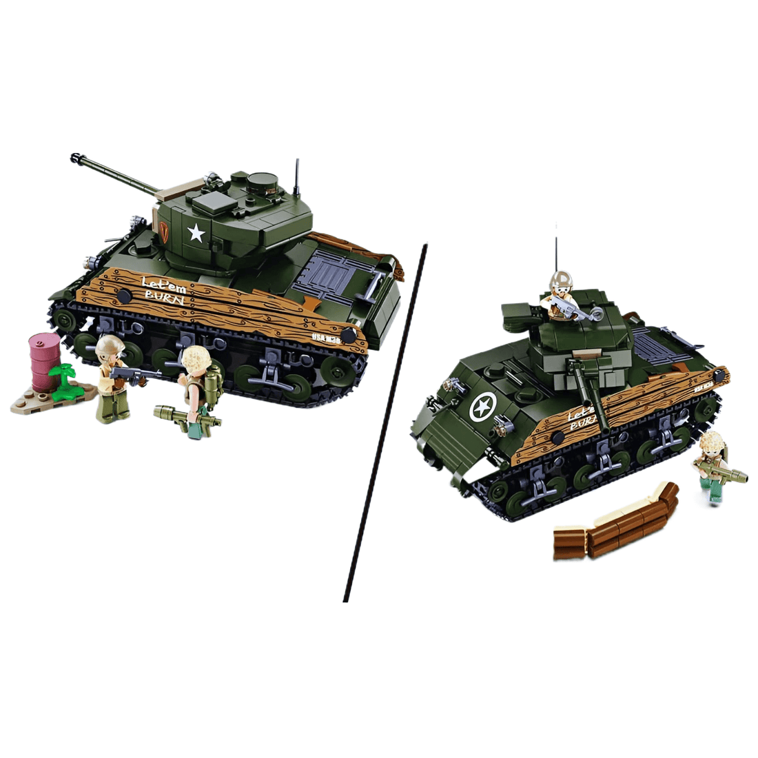Sluban WWII Sherman M4A3 Tank Building Set with rotating turret and detailed accessories for collectors.