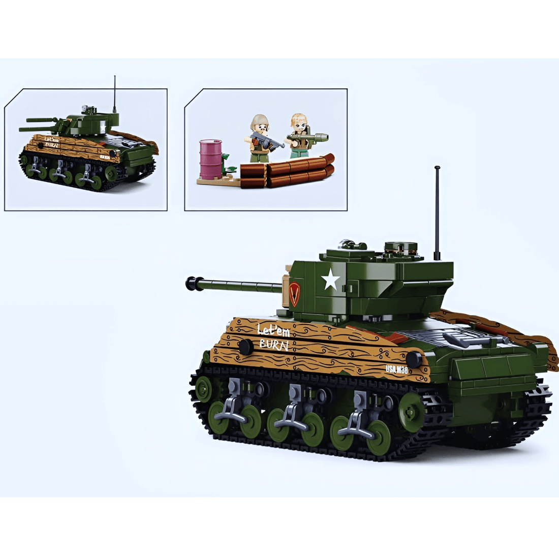 Sluban WWII Sherman M4A3 Tank Building Set with detailed model and two mini-figures, showcasing rotating turret.