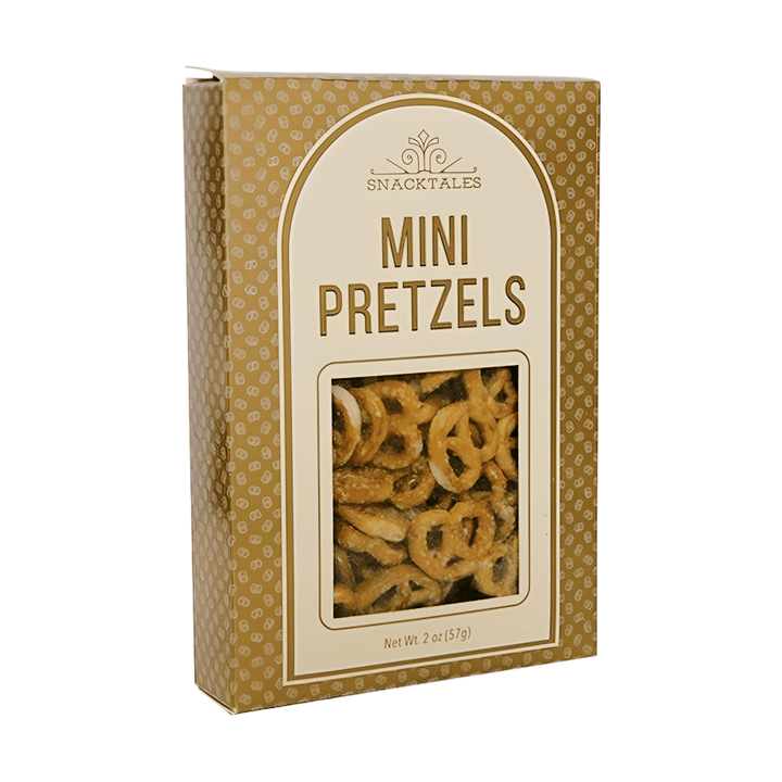 Earth & Gold Gourmet Gift Basket – Premium Snacks & Treats including Snacktales Mini Pretzels in elegant packaging.