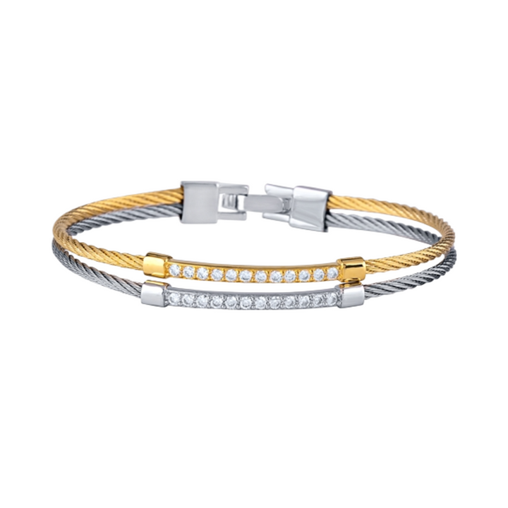 Sterling Silver & Stainless Steel Two Tone Bangle With Gold Plating And CZ - Everbond Gifts