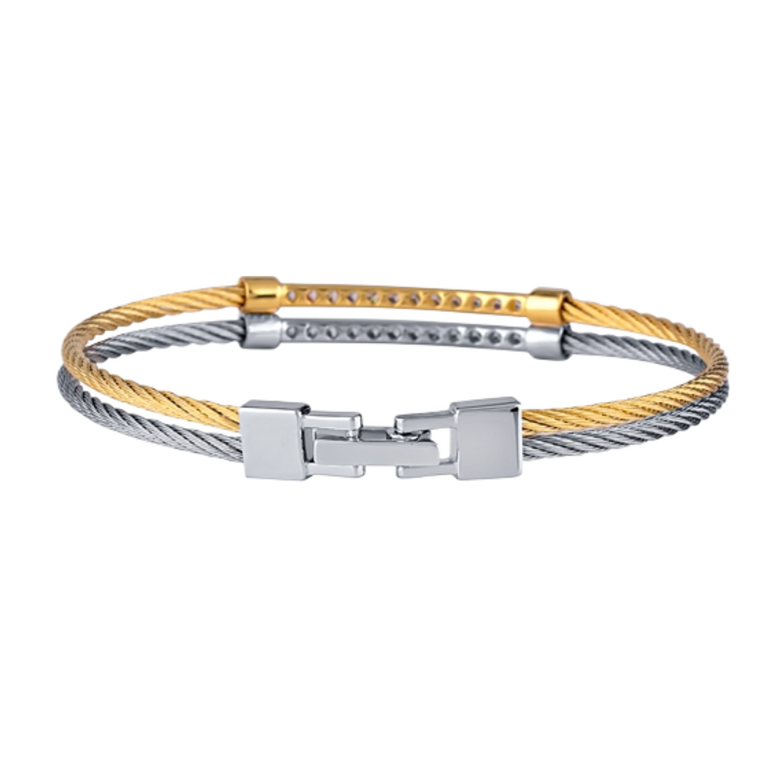 Sterling Silver & Stainless Steel Two Tone Bangle With Gold Plating And CZ - Everbond Gifts