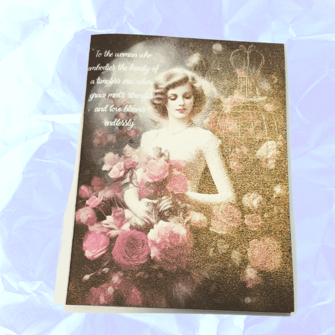 Grace in Bloom Valentine's Day card featuring a vintage-style image of a lady with roses and heartfelt message.