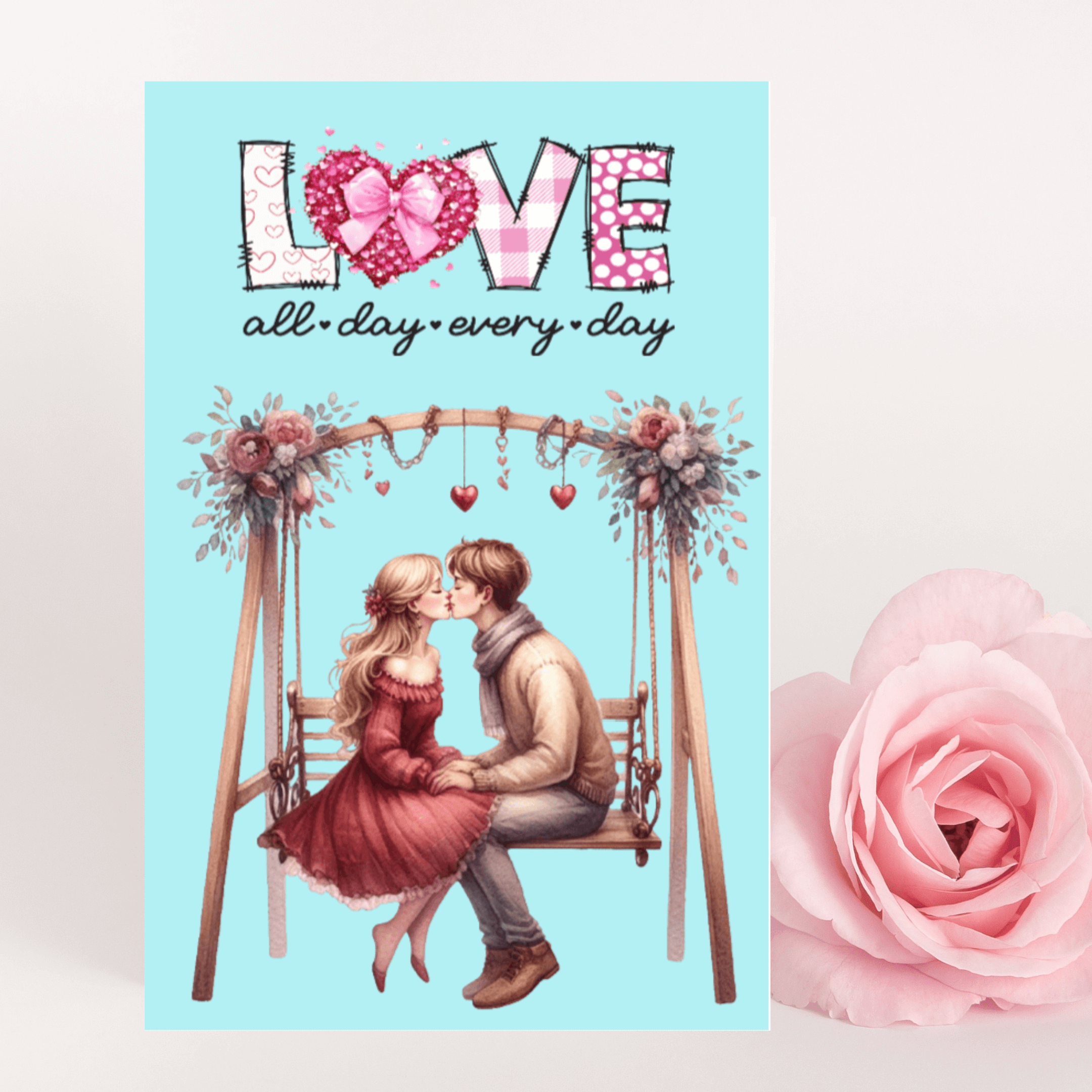 Swing of Sweet Kisses Valentine's Day Card with couple kissing, heart accents, and floral design.