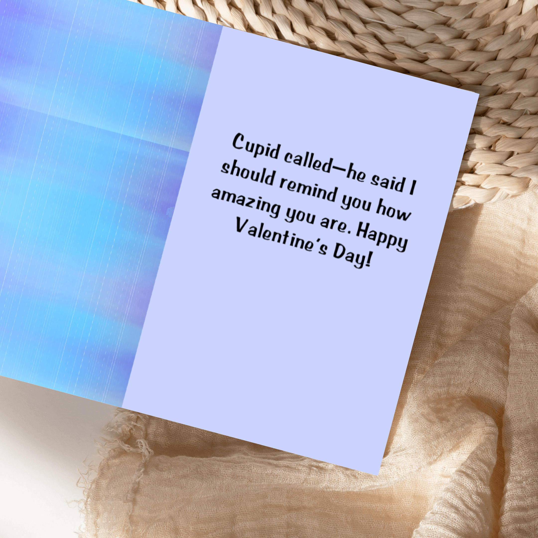 Inside of Blue Love Bliss Valentine's Day Card with a heartfelt message from Cupid.