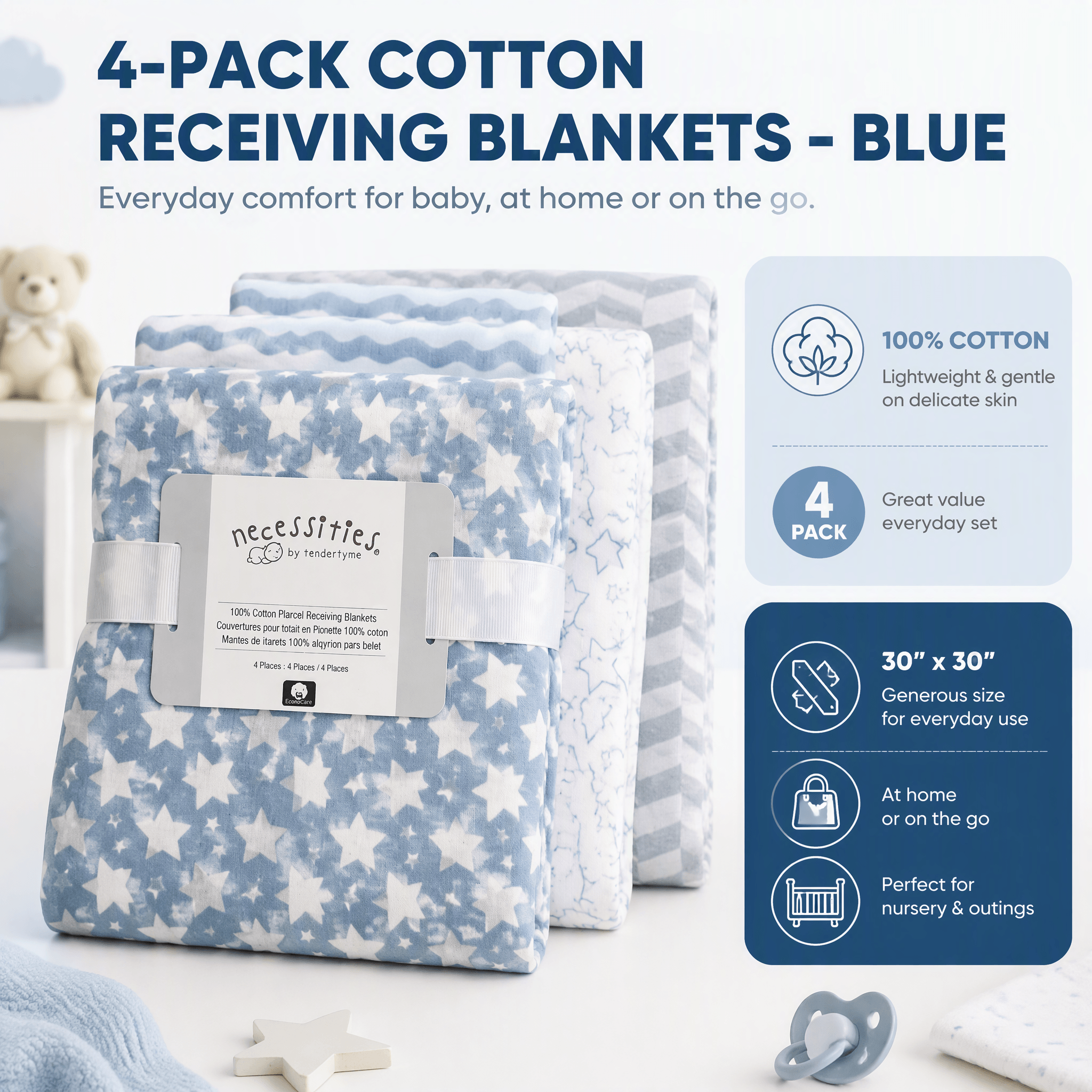 Tendertyme 4-Pack Cotton Receiving Blankets – Blue