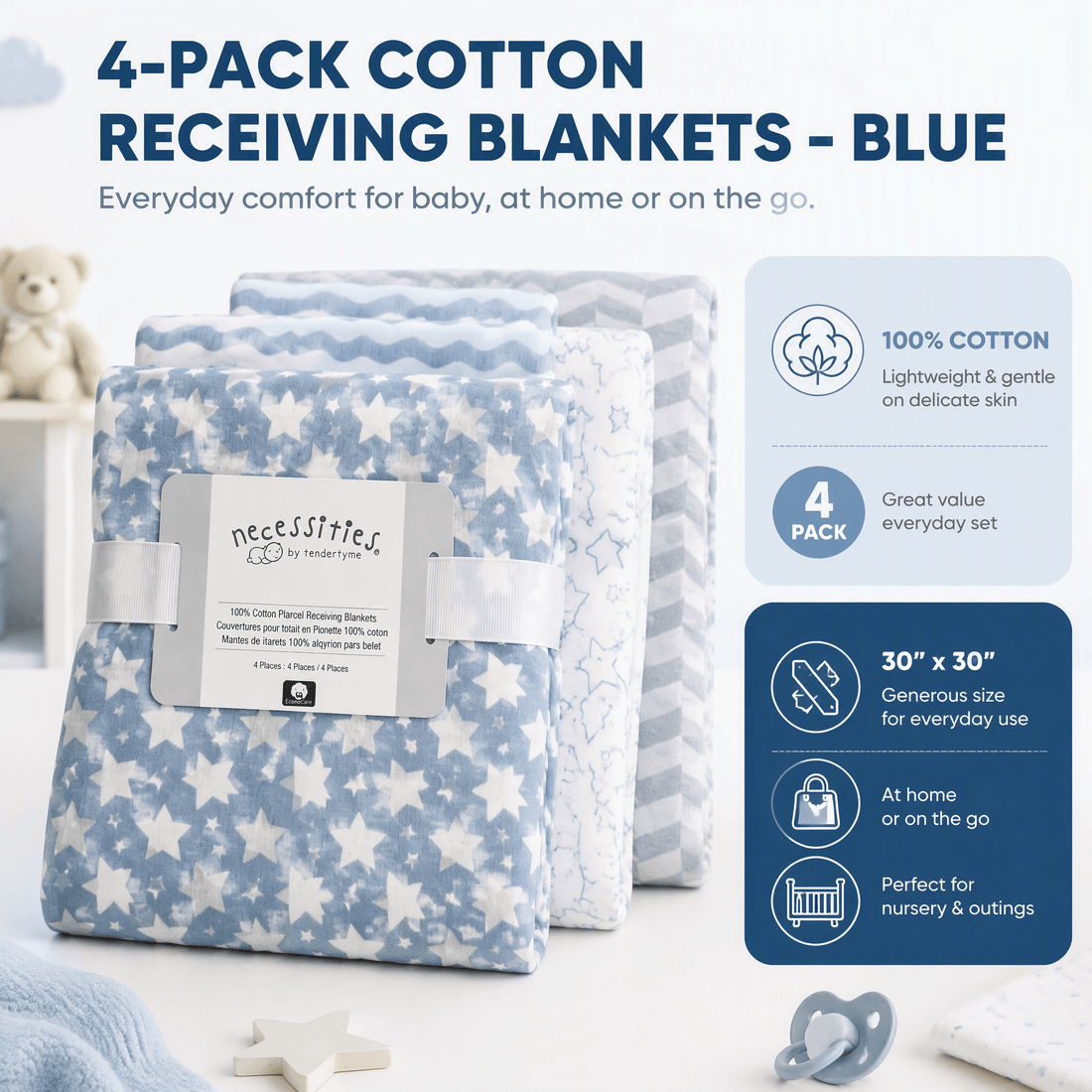 Tendertyme 4-Pack Cotton Receiving Blankets – Blue