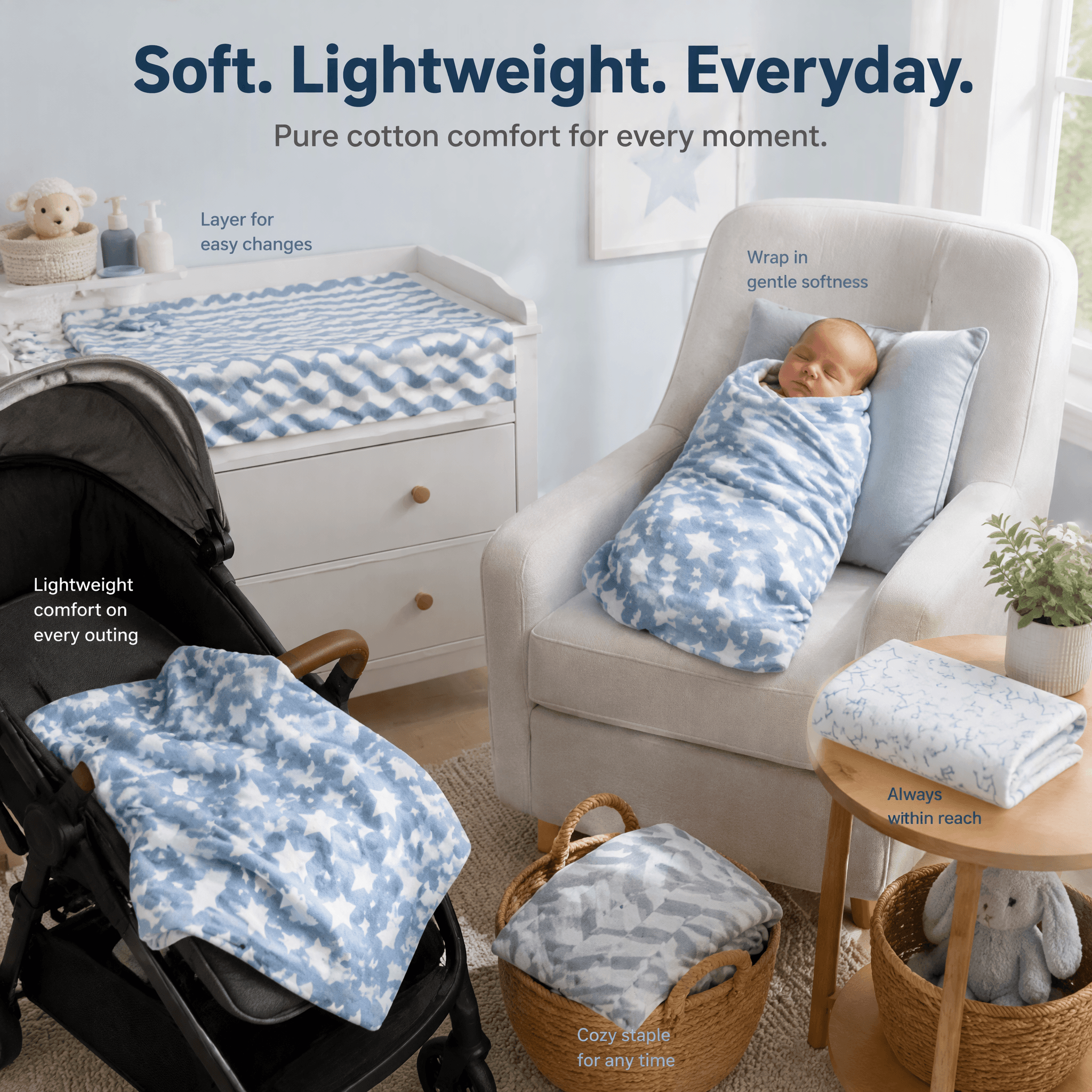 Tendertyme 4-Pack Cotton Receiving Blankets – Blue