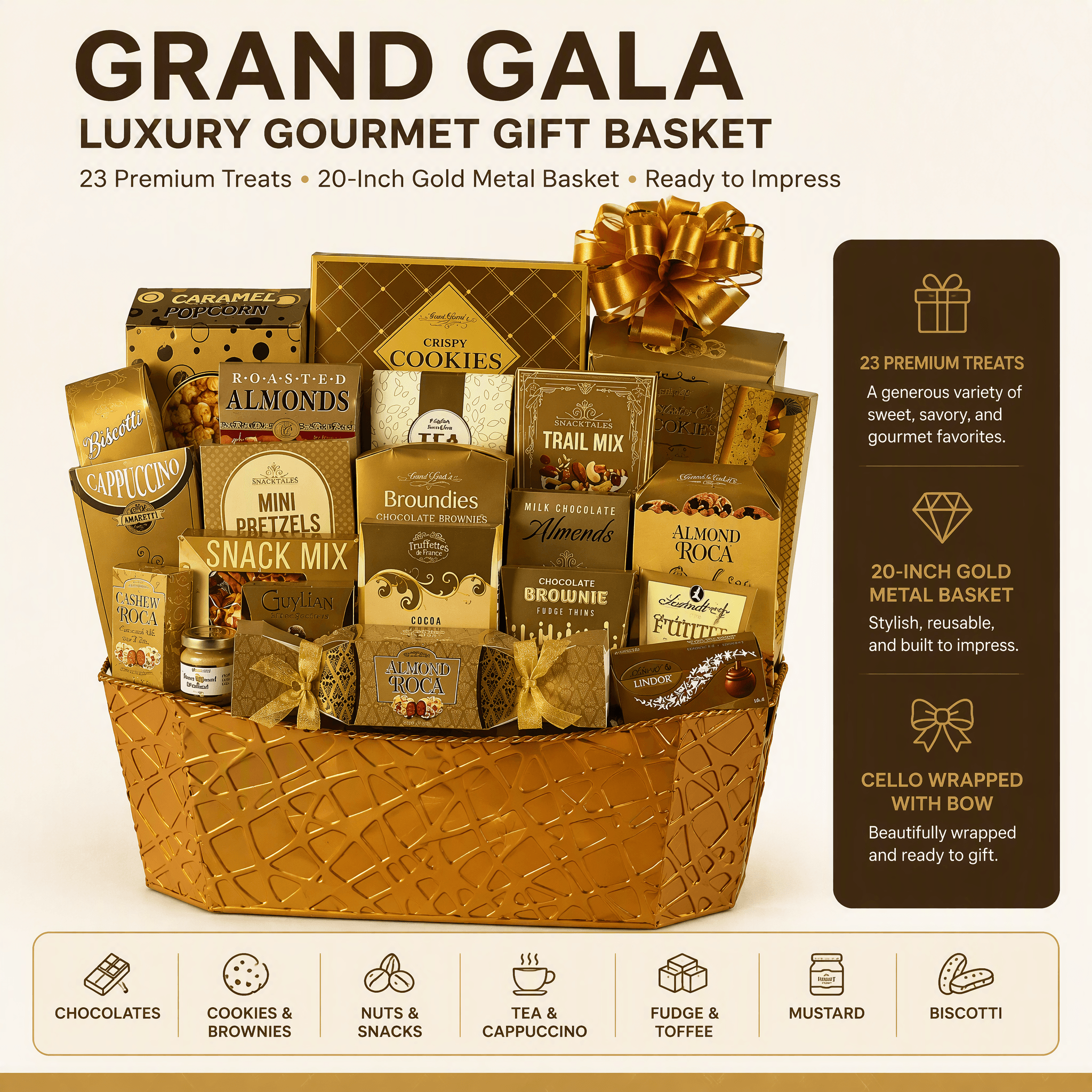 The Grand Gala Luxury Gourmet Gift Basket showcasing 23 premium treats in a 20-inch gold metal basket.