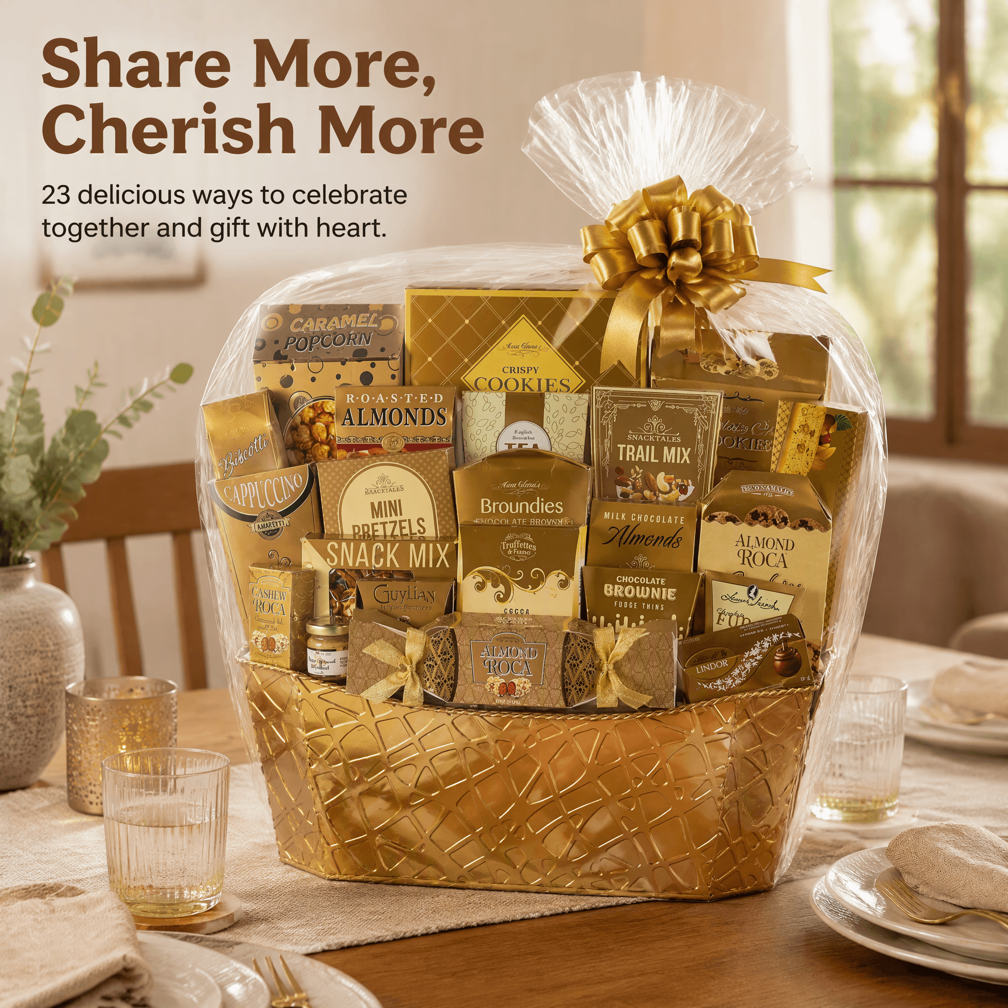 The Grand Gala Luxury Gourmet Gift Basket featuring 23 delicious treats beautifully arranged in a golden basket.