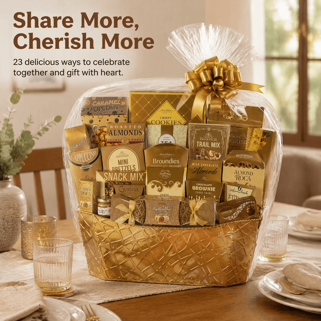 The Grand Gala Luxury Gourmet Gift Basket featuring 23 delicious treats beautifully arranged in a golden basket.