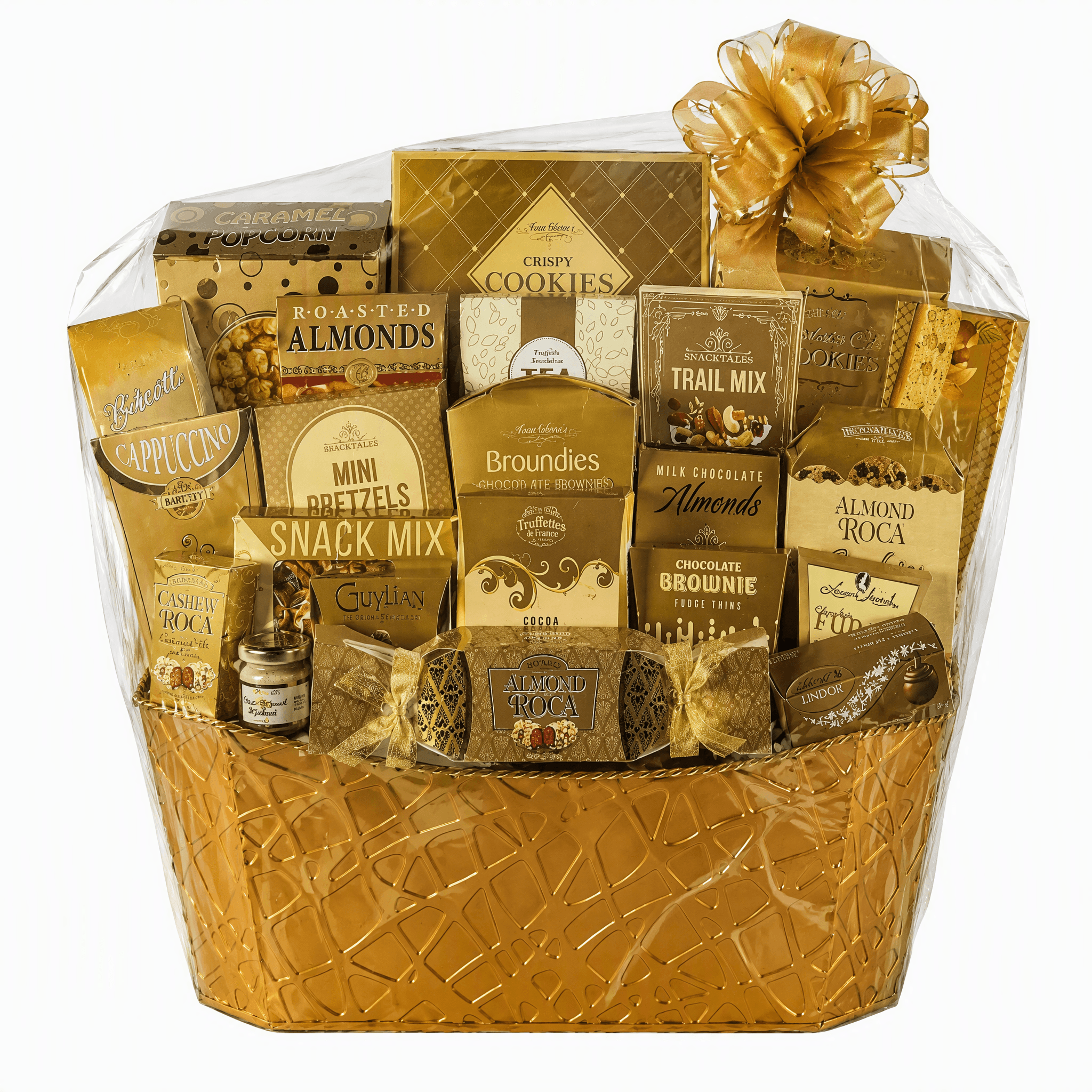 The Grand Gala Luxury Gourmet Gift Basket filled with gourmet treats and elegantly presented in a golden metal basket.