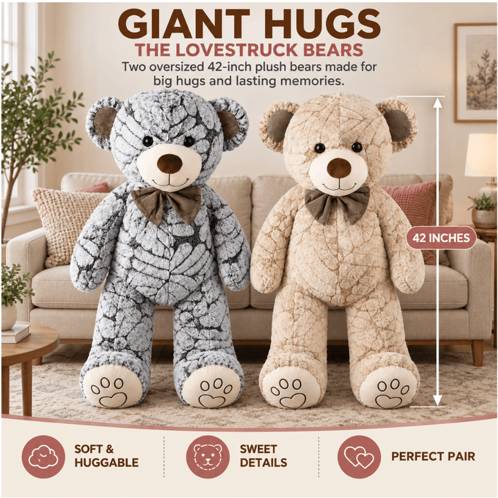 Two oversized 42-inch plush teddy bears, The Lovestruck Bears, sitting together for big hugs in a cozy living room.