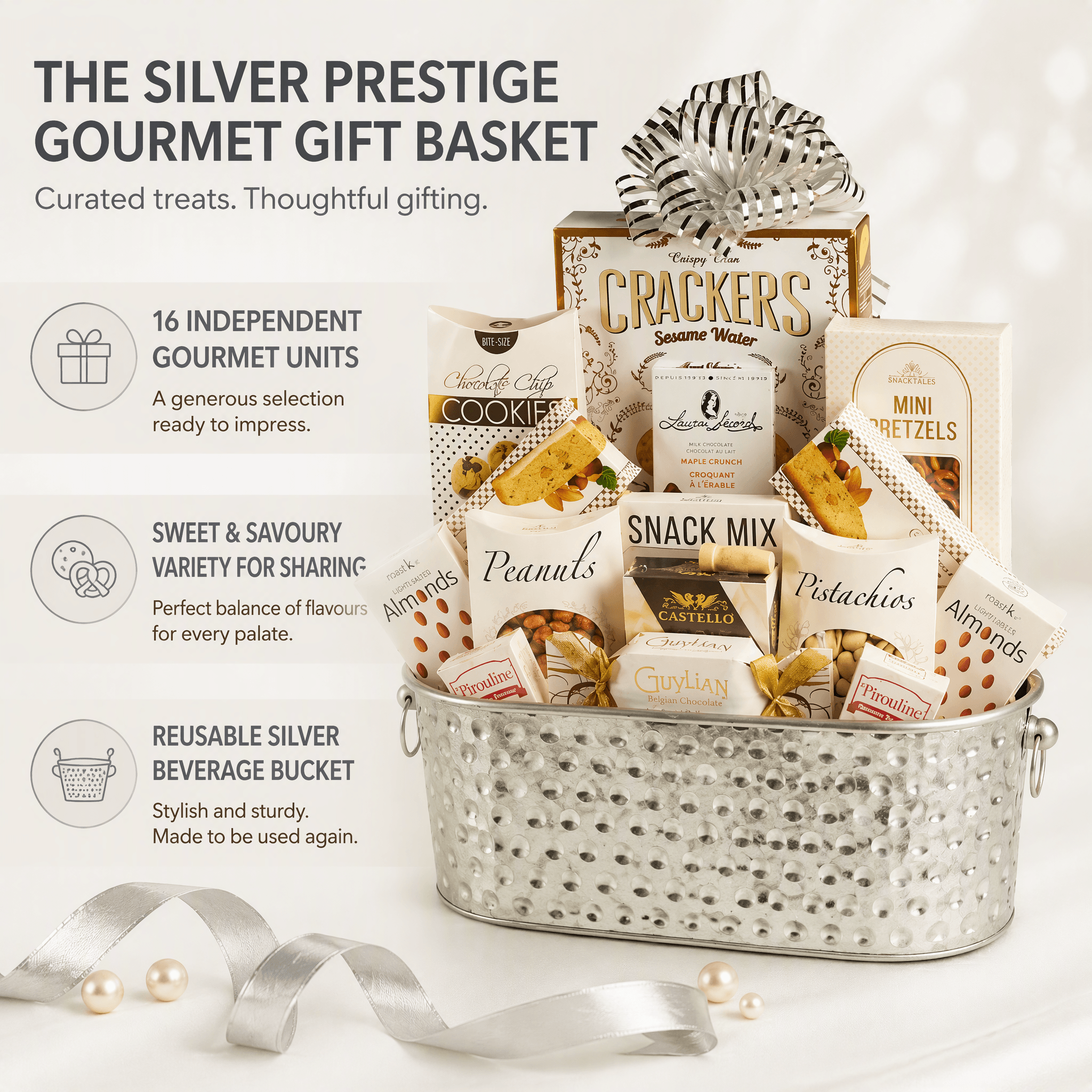 The Silver Prestige Gourmet Gift Basket filled with gourmet treats in a reusable silver beverage bucket.