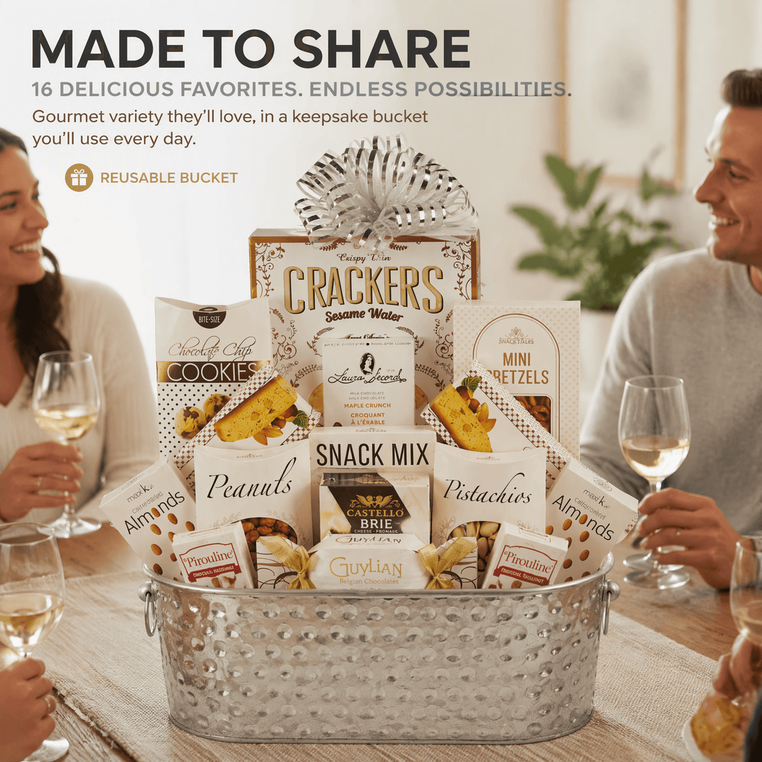 The Silver Prestige Gourmet Gift Basket with gourmet snacks in a reusable silver bucket, perfect for sharing.