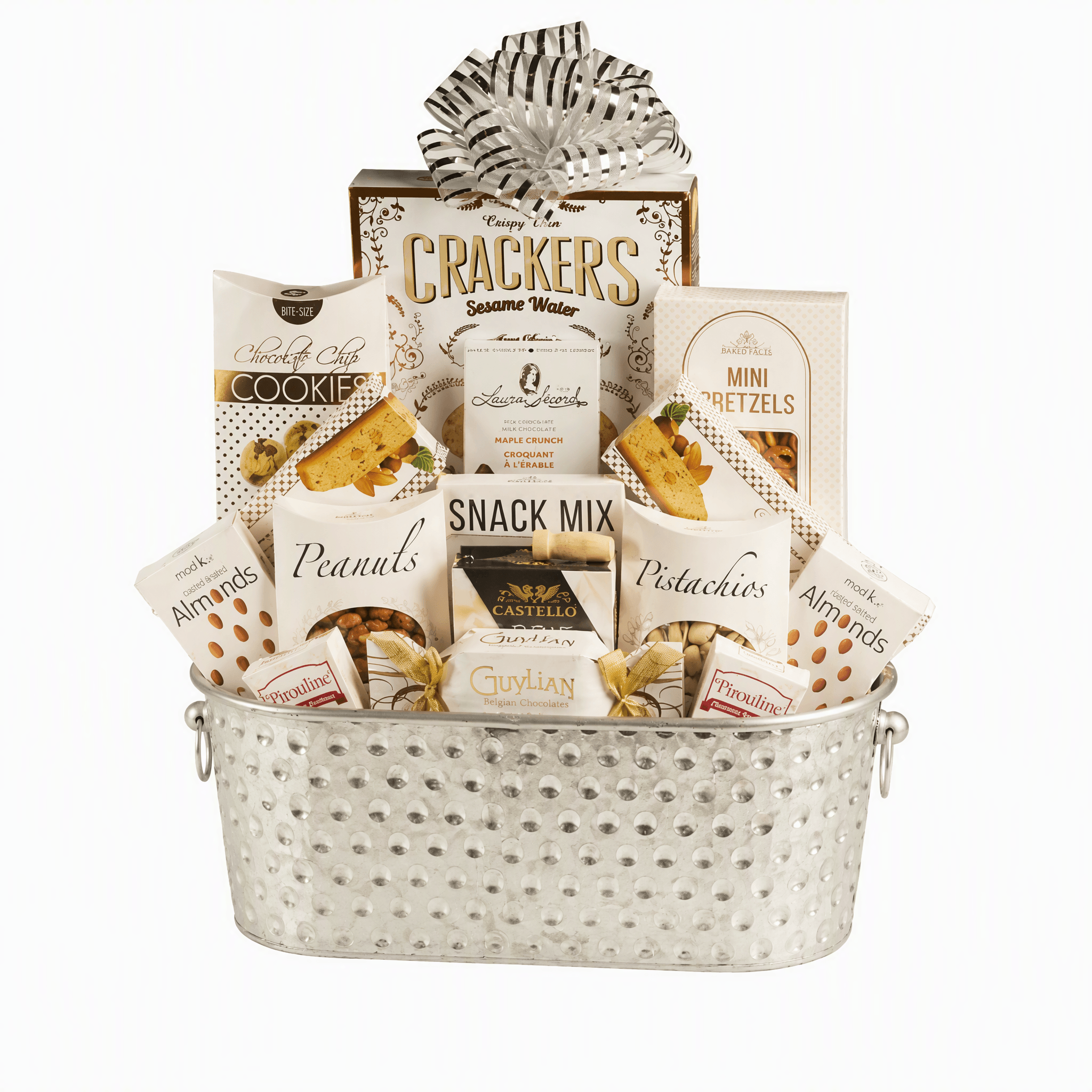 The Silver Prestige Gourmet Gift Basket filled with gourmet snacks in a reusable silver beverage bucket.