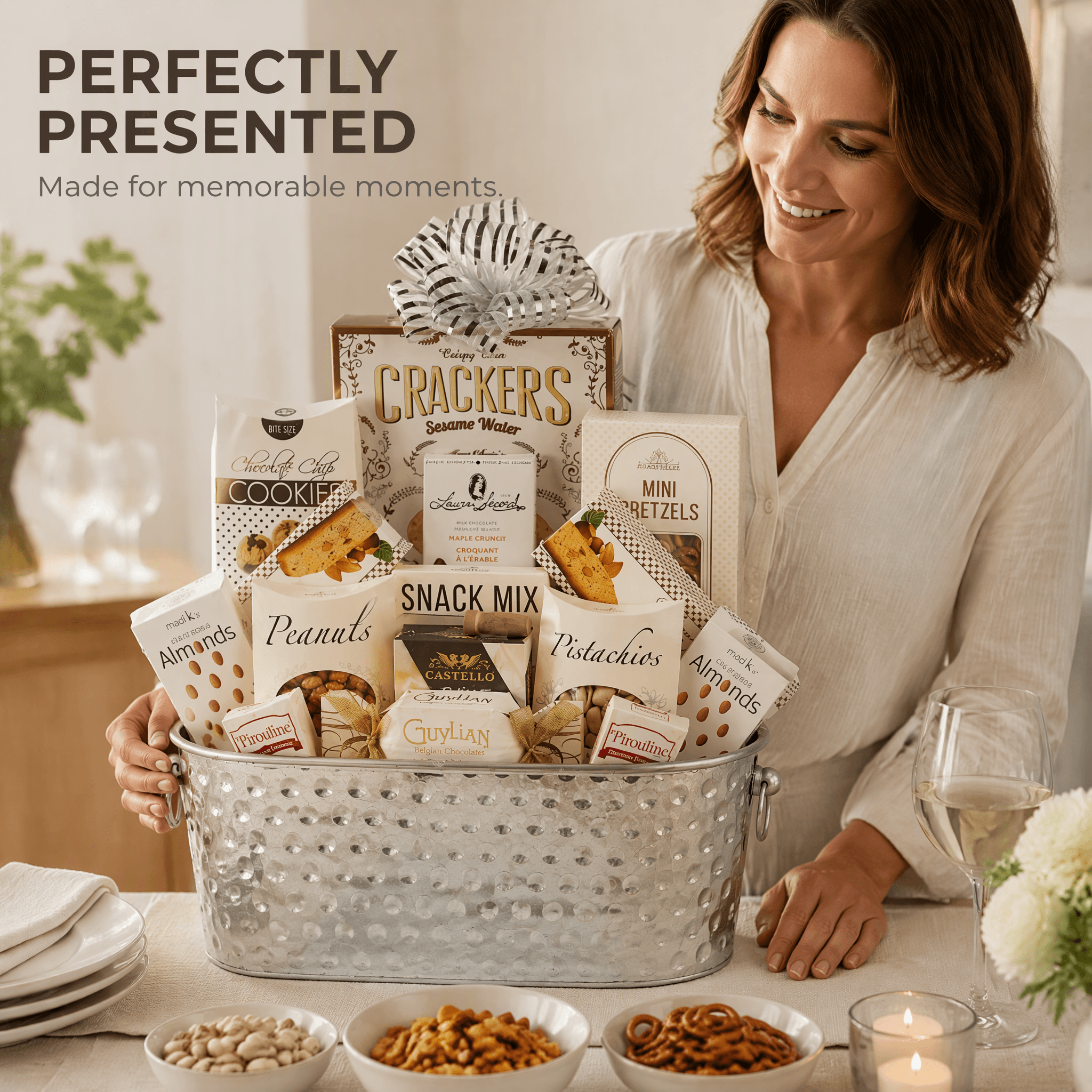 The Silver Prestige Gourmet Gift Basket beautifully arranged in a silver beverage bucket with gourmet treats.