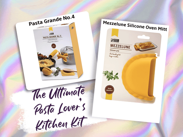 The Ultimate Pasta Lover’s Kitchen Kit featuring Pasta Grande No. 4 and Mezzelune Silicone Oven Mitt.