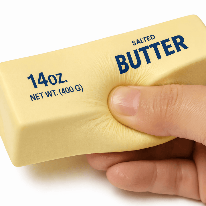 A person squeezing The Viral Butter Squishy, designed to resemble a stick of salted butter, great for stress relief.