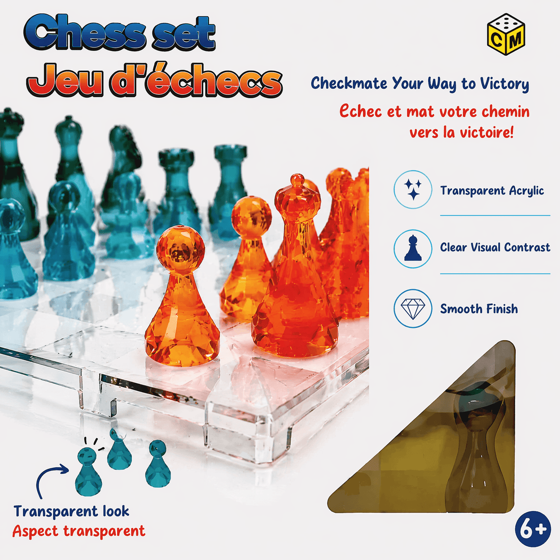 Transparent Acrylic Chess Set, 10 x 10 Inch