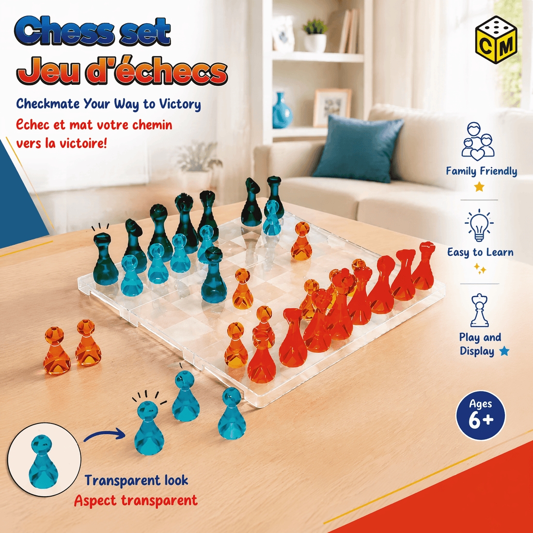Transparent Acrylic Chess Set, 10 x 10 Inch