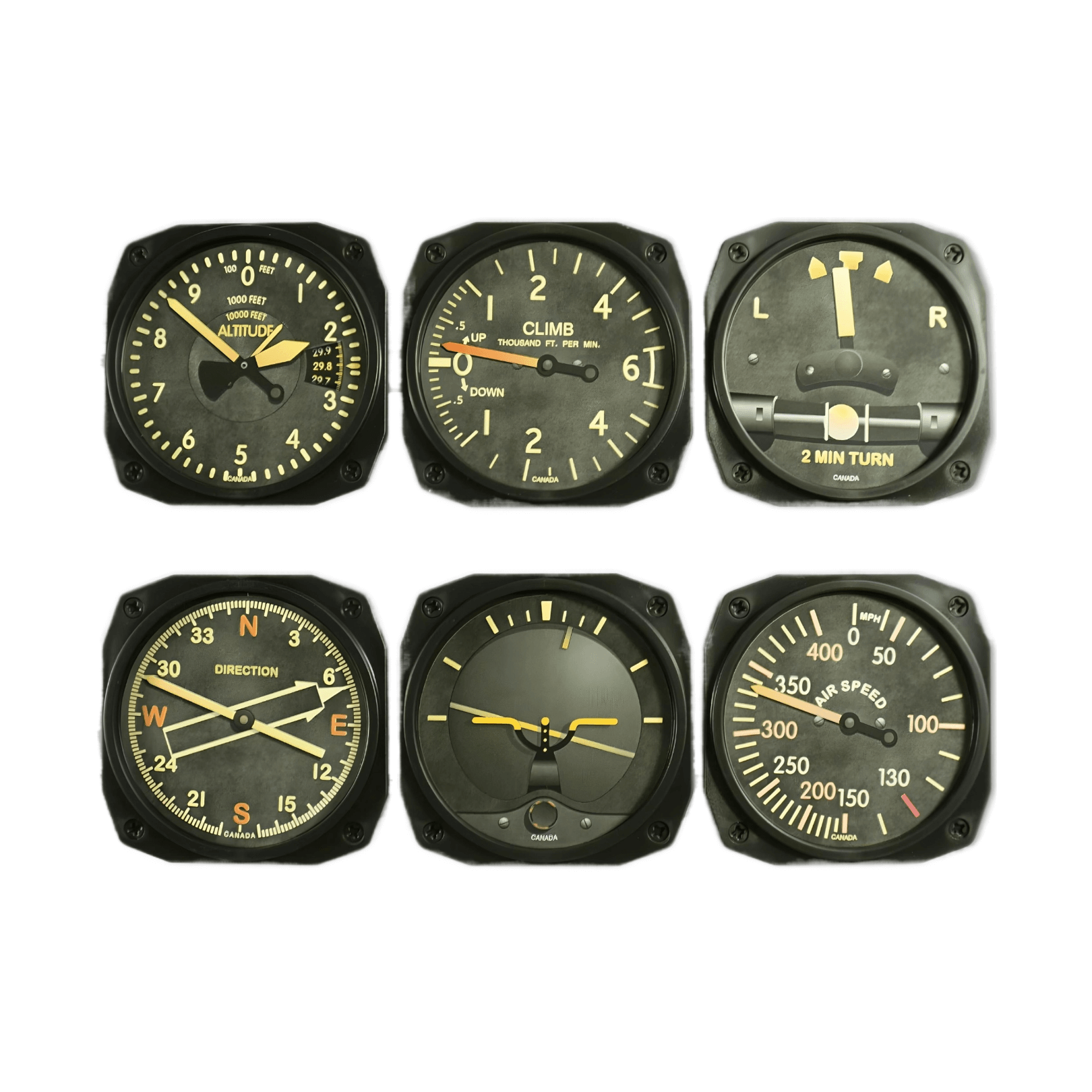 Set of six aviation instruments on a white background