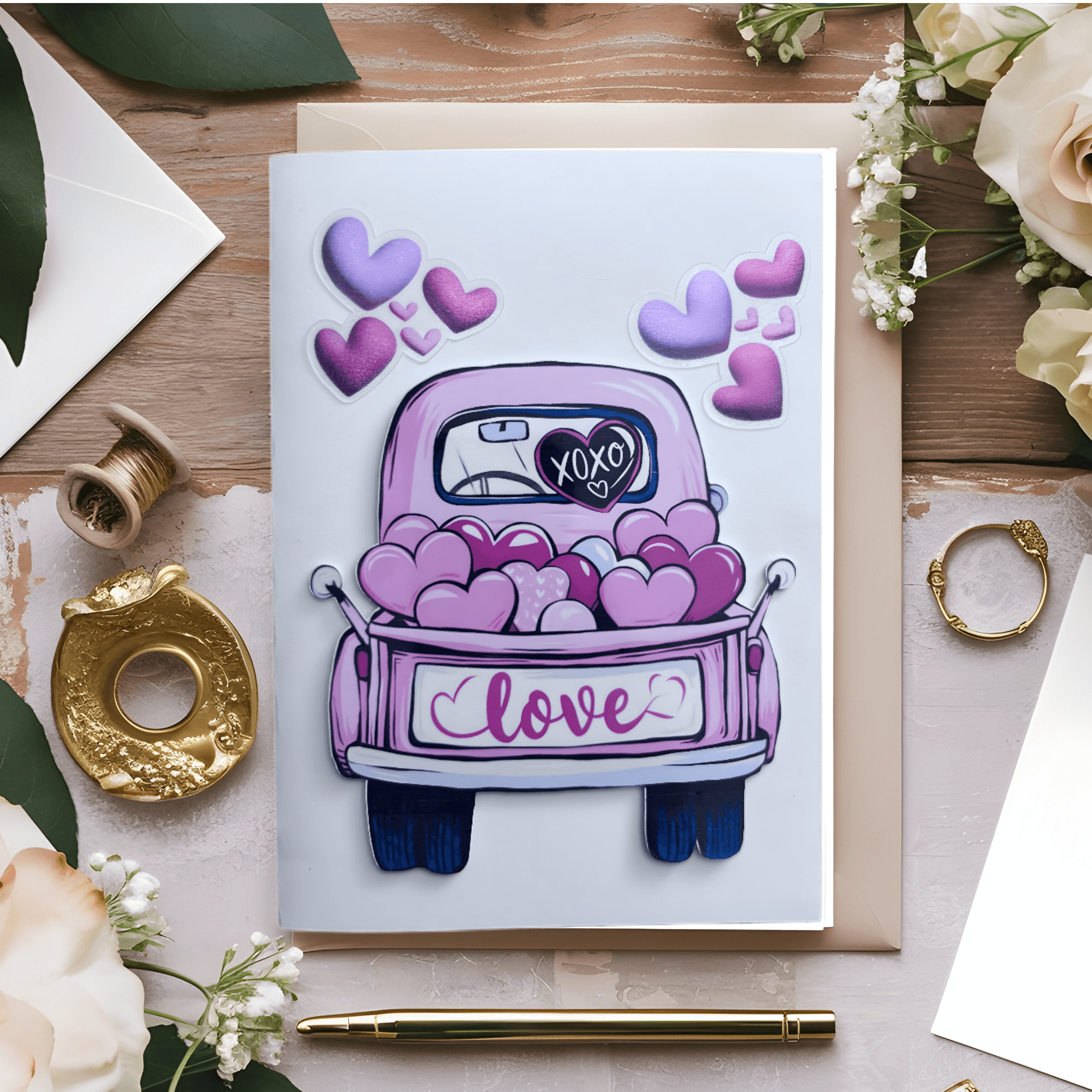 5x7 Valentine’s Day card with a pink truck filled with hearts, perfect for expressing love and sweet sentiments.