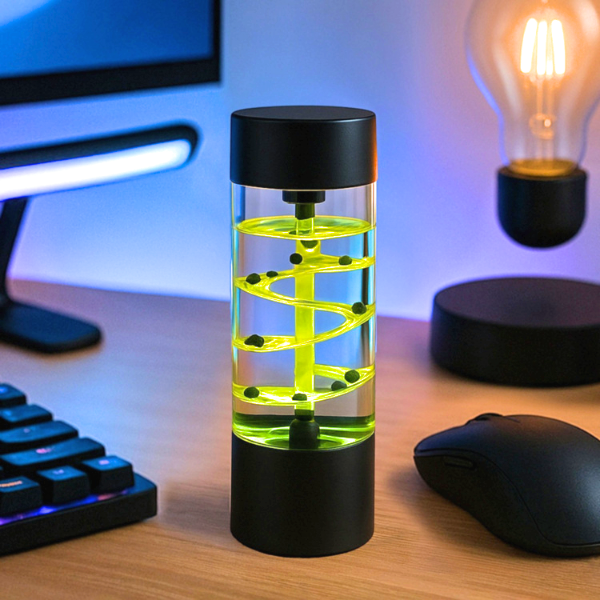 Water Spiral Timer displaying calming liquid motion in a sleek black design on a modern desk.