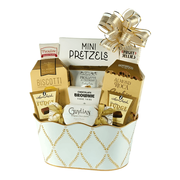 White Majesty Gourmet Gift Basket – Elegant Sweet Treats with fudge, truffles, pretzels and elegant presentation.