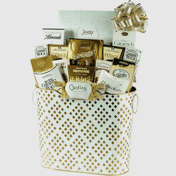 White & Gold Grandeur Gift Basket – 17 Luxurious Treats filled with gourmet snacks and truffles.