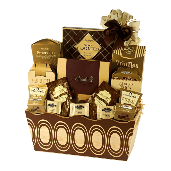 Wood & Gold Gourmet Gift Basket – Luxe Sweet Treats featuring luxury chocolates, cookies, and fudge in an elegant wooden container.