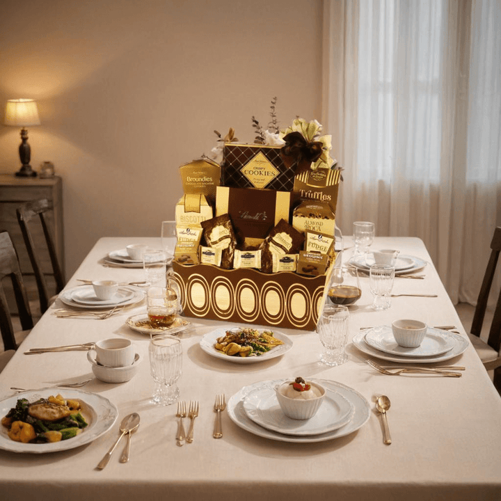 Wood & Gold Gourmet Gift Basket – Luxe Sweet Treats displayed elegantly on a dining table.