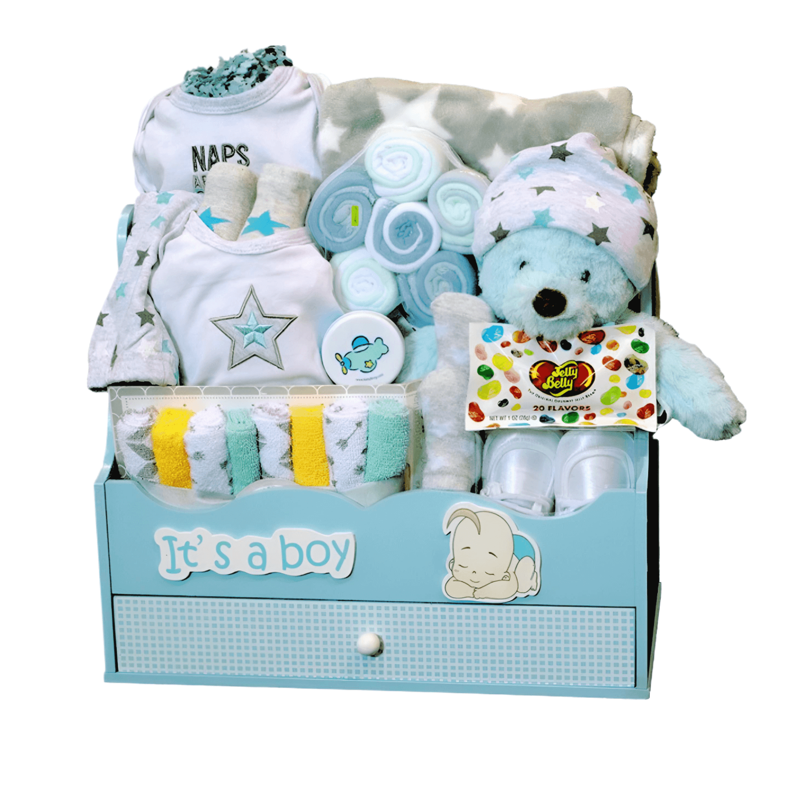 Wooden Tote with Drawer (BOYS) filled with baby essentials like a teddy bear, blanket, and booties.