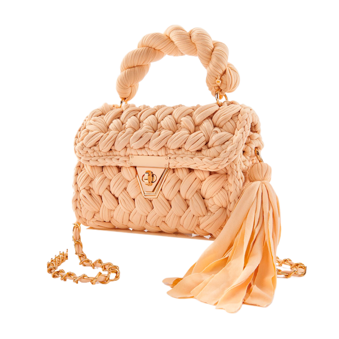 Woven Handbag w/Tassel, Beige