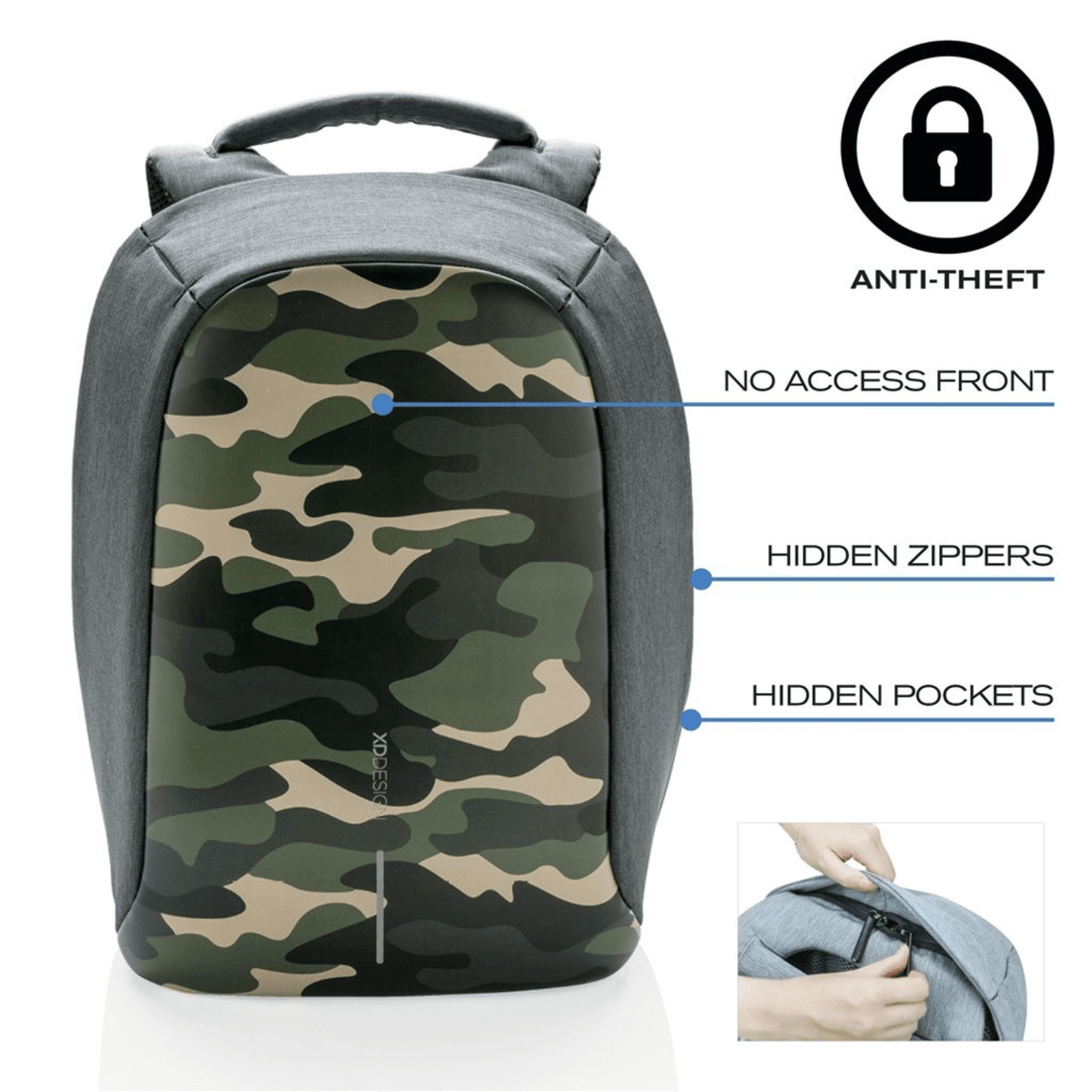 XD Design Bobby Compact Anti-Theft Backpack in Camouflage Green with hidden zippers and pockets for secure storage.