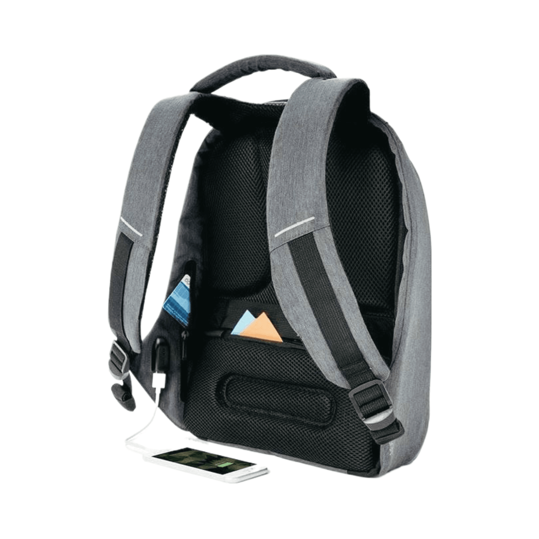 XD Design Bobby Compact Anti-Theft Backpack in Camouflage Green showing its compartments and charging port.