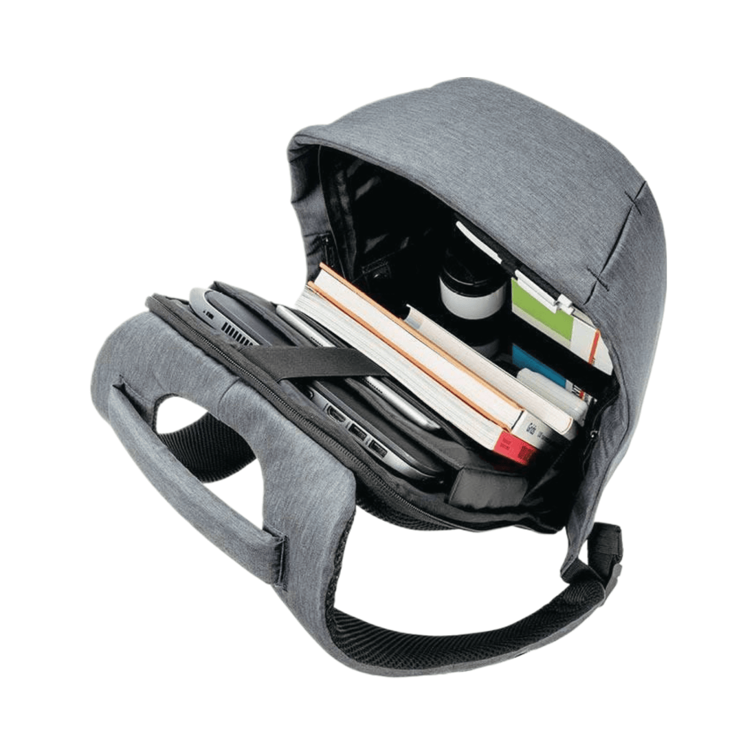 Interior of XD Design Bobby Compact Anti-Theft Backpack showing organized storage for laptop and essentials.
