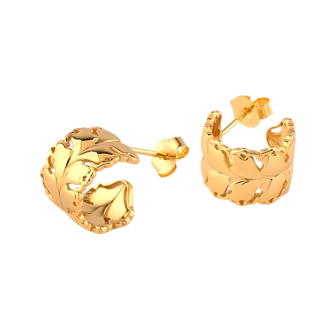 Yellow Gold Plated Leaf Style Sterling Silver Hoop Earrings - Everbond Gifts