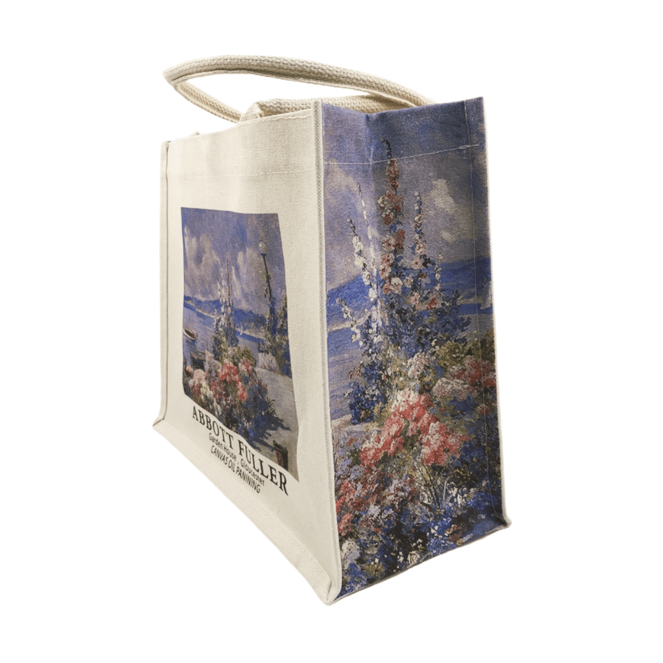 Abbot Fuller Garden House canvas tote bag featuring floral artwork, perfect for art lovers and stylish storage.