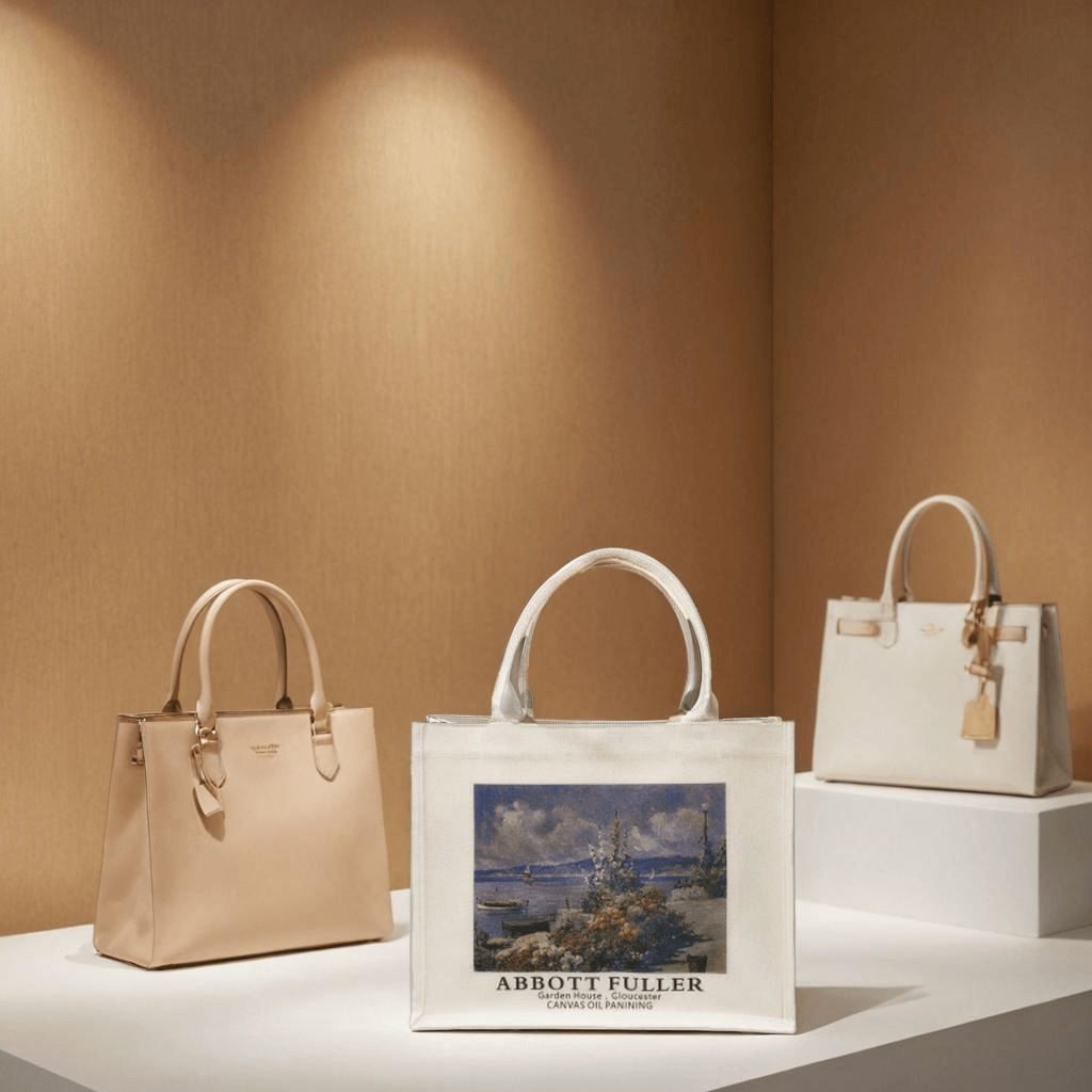 Abbot Fuller Garden House Tote Bag displayed with elegant handbags on a minimalist setting.
