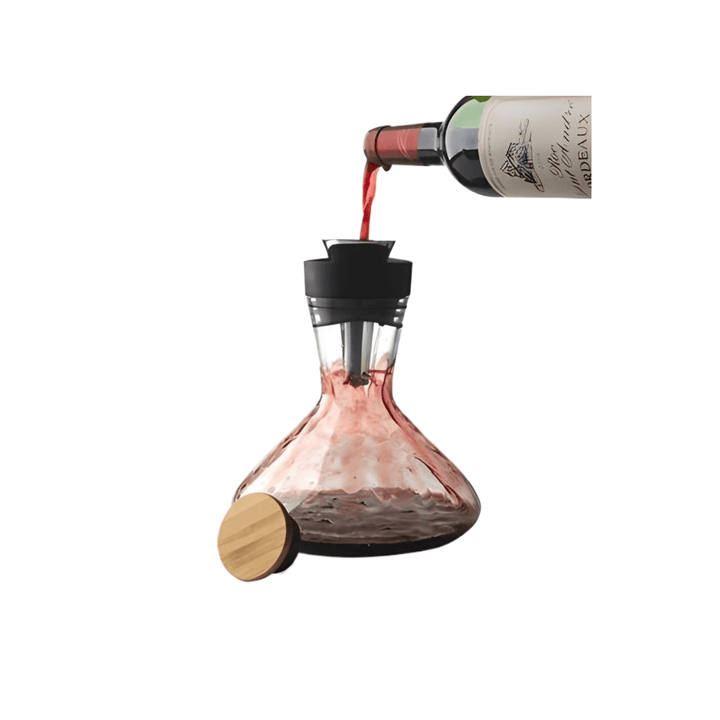 Aerato Red Wine Carafe pouring red wine with bamboo lid for enhanced flavor and aroma.