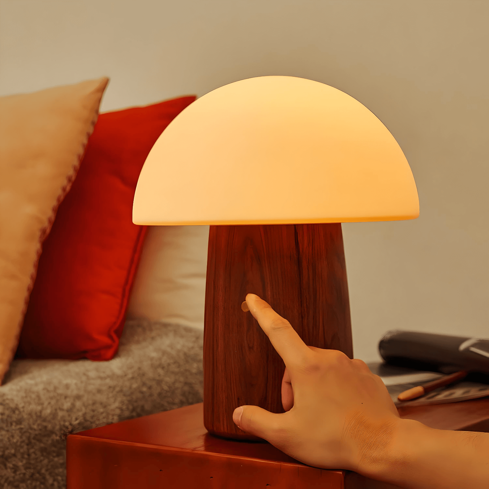 Alice Mushroom Lamp in Walnut finish with a warm glow, designed for a whimsical atmosphere, featuring a touch button.