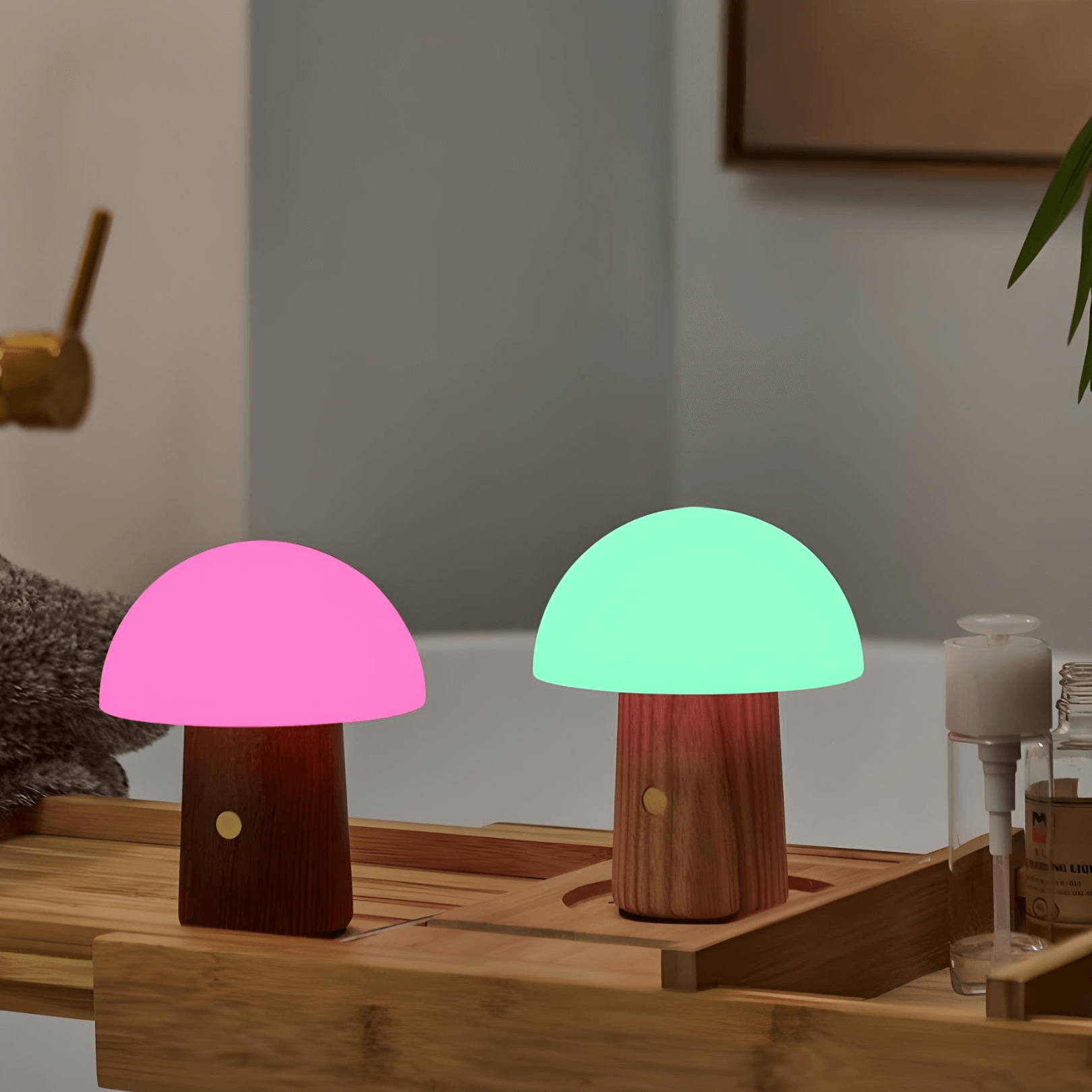 Alice Mushroom Lamp in walnut with pink and green RGB lights, adding a whimsical touch to home decor.