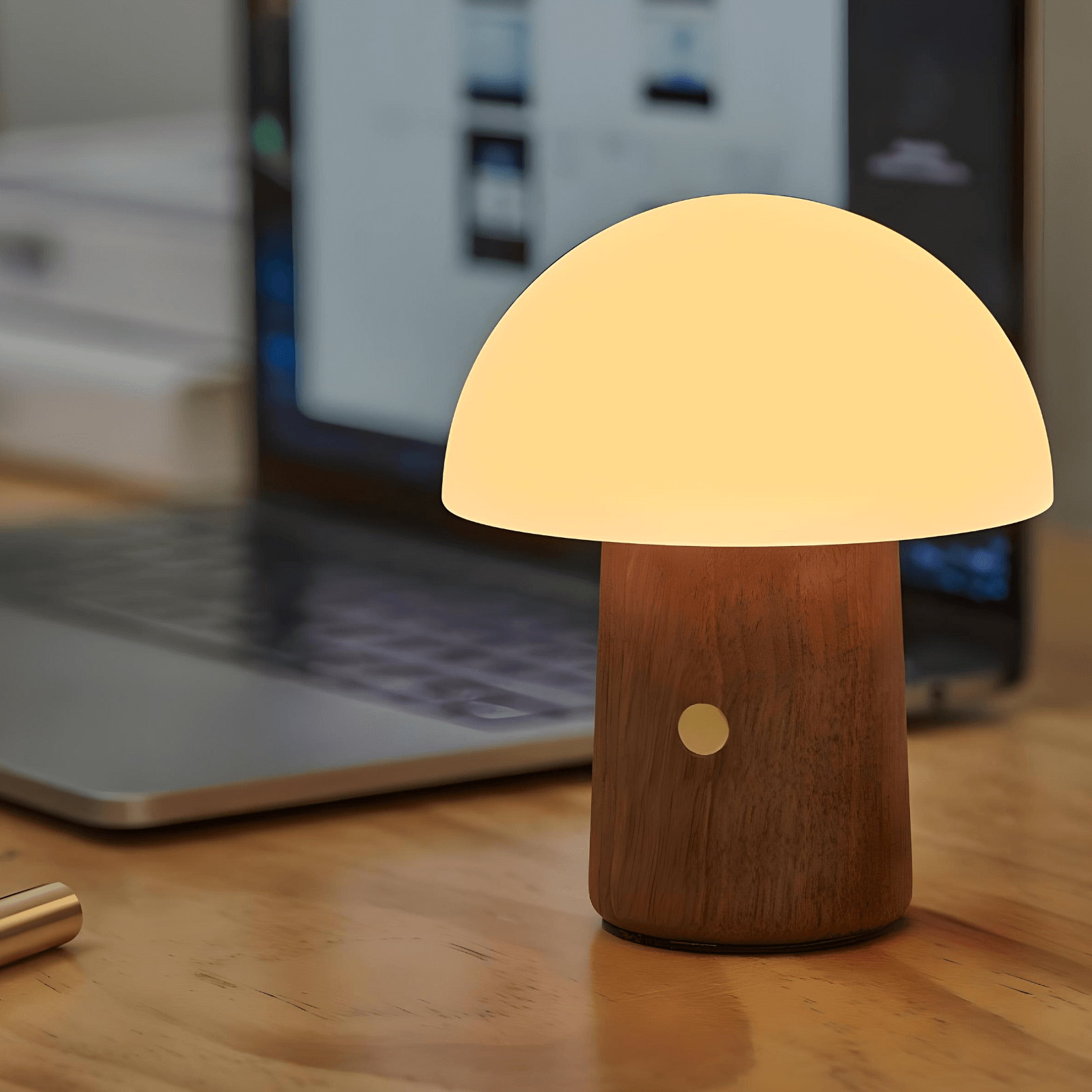Alice Mushroom Lamp in walnut finish with glowing light, perfect for creating a whimsical atmosphere in any space.