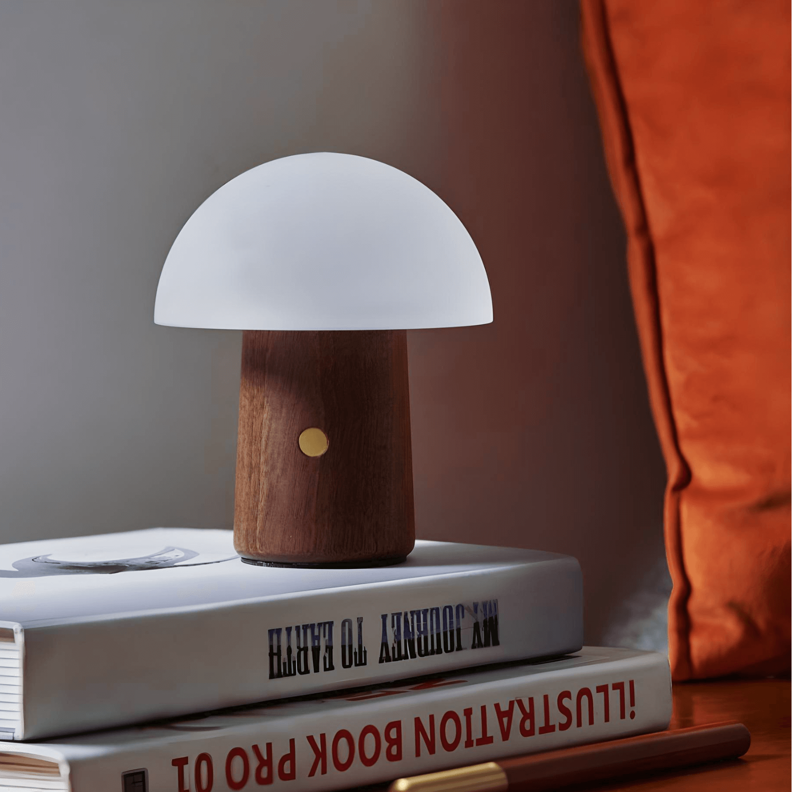 Whimsical Alice Mushroom Lamp in walnut finish with RGB lights, perfect for a creative and adventurous home décor.