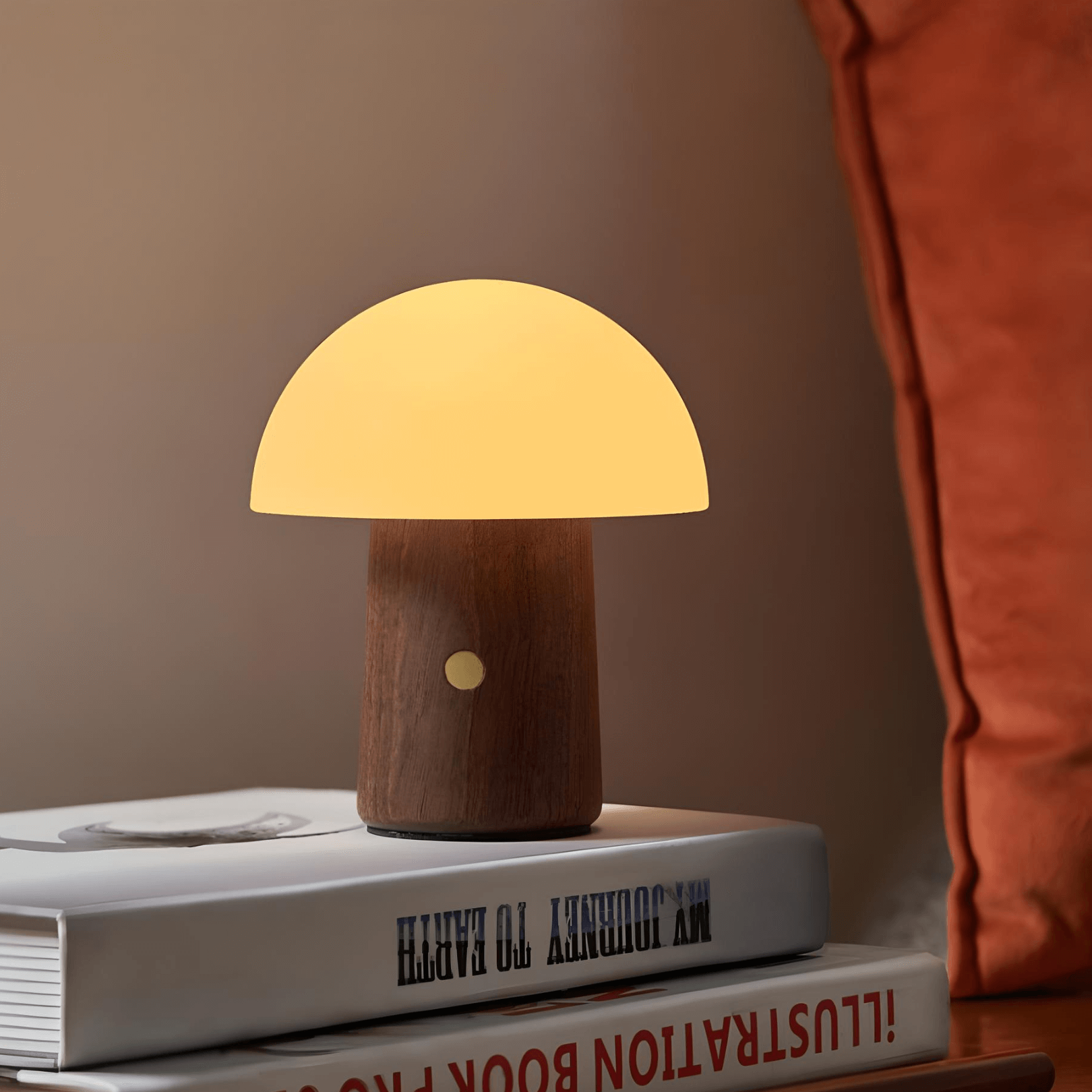 Alice Mushroom Lamp in Walnut finish with warm yellow glow, adding whimsy to any home decor.