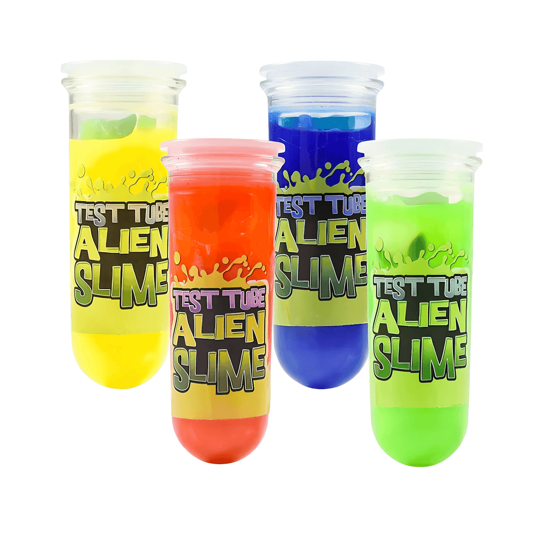 Four colorful test tubes of Alien Tube Slime in yellow, blue, red, and green, showcasing fun sensory play.