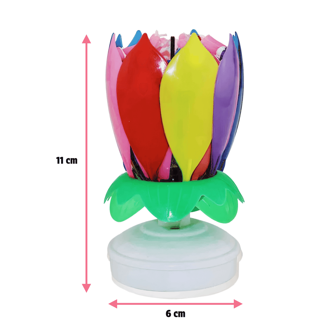 Amazing Musical Birthday Candle – Rainbow Flower Topper with colorful petals and sparkler flame, 11cm tall.